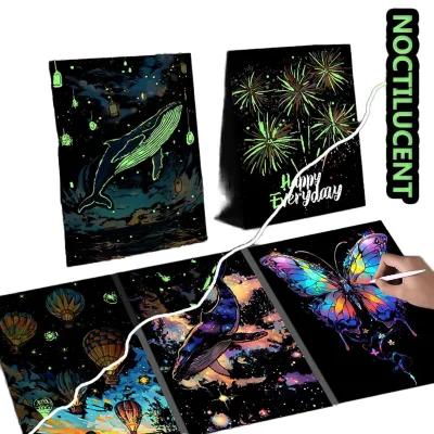 FY R-SP108-122 DIY Luminous Glow in Dark Rectangle Cartoon Print Scratch Painting Set Paper Art Drawing Kit