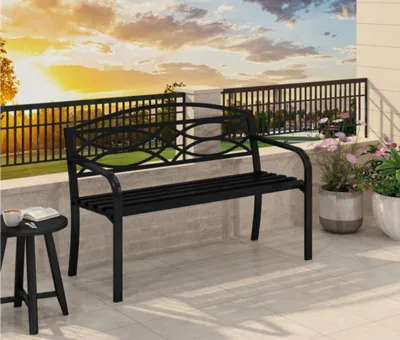Weathering Metal Garden Bench, Outdoor Park Seat, Backrest Balcony Bench