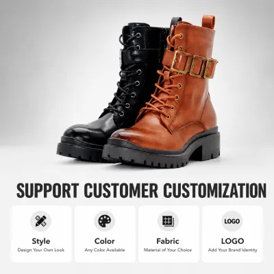 OEM Custom Logo Women's Triple Buckle Combat Boots Chunky Lug Sole Side Zipper Mid-Calf Lace-Up PU Boots Autumn Winter Anti-Slip