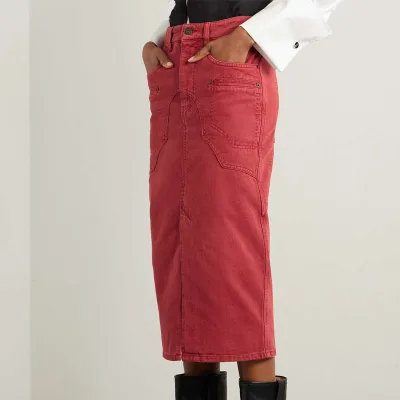Custom Jeans Factory Women's Midi Skirt Dress Front Split Red Vintage Wash Denim Midi Skirt with Patch Pockets for Ladies Girl