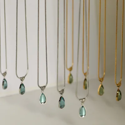18 Karat Gold 12 Birthdrop Shaped Glass Pendant Necklace