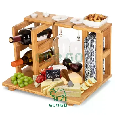 Bamboo Wooden Wine Rack and Cheese Snack Display Board With Wine Caddy,Wine Bottle and Glass Holder
