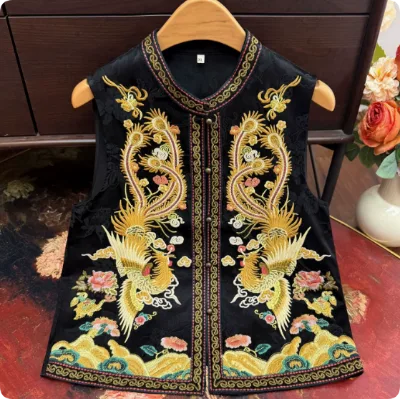 Ecowalson New Chinese Style Heavy Embroidered Crew Neck Vest Stand Collar Chic Sleeveless Waistcoat for Women
