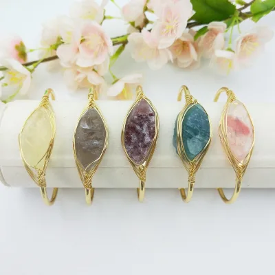 High Quality Raw Crystals Gemstone Gold Plated Bangle Healing Natural Real Stone Cuff Bracelets Adjustable Jewelry for Women