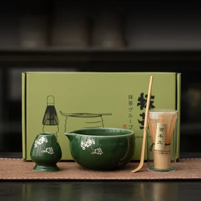 Astief Wholesale Household Custom 4 Pieces Complete Ceremony Set Ceramic Ice Grey Matcha Tools Gift Set with Spout