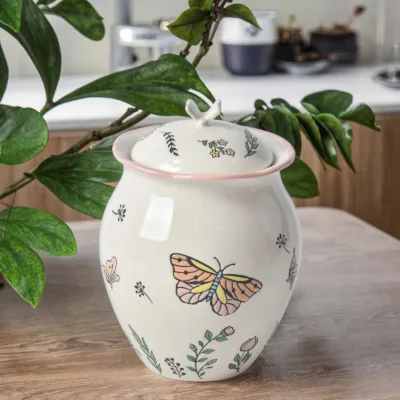 Customized Eco-Friendly Durable Modern Stoneware Ceramic Food Storage Jars Hand-painted Butterfly Pattern Sealed Design