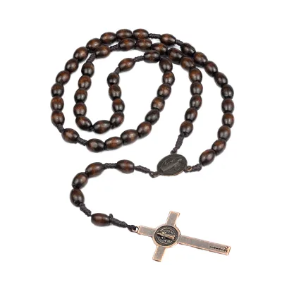 Hot Selling Custom Wholesale Catholic Rosaries Handmade Religious Woven Prayer Ornament Natural Wooden Bead Cross Wood Main