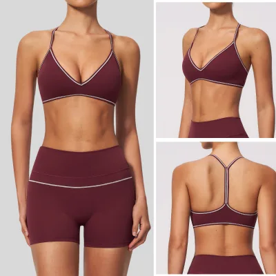 Women V Neck Y Line Back Sports Bra Contrast Stitching Removable Pads Lightweight Breathable High Support Fitness Halter