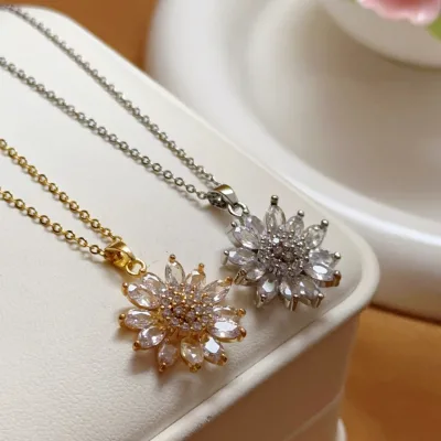 Female Internet Celebrity Necklace New Design Sunflower Zircon Flower Pendant Tempered Stainless Steel Titanium Steel Elegant