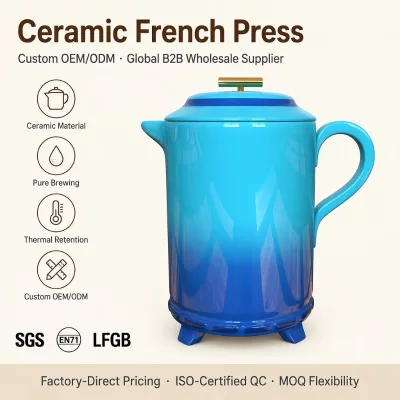 Eco Friendly Blue Gradient Ceramic Coffee Pot Customizable French Press Coffee Maker Wholesale Home Travel Coffee Tool