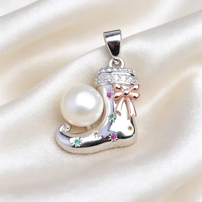 Wholesale S925 Silver Christmas Stocking Pendant Setting Charm Empty Mount Fit 8-10mm Round Baroque Pearl Jewelry Gift Making