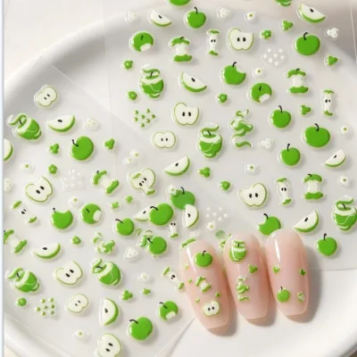 Wholesale 5D Embossed Apple Nail Stickers Fresh Green Fruit Kawaii Style Self Adhesive Cute Girly Nail Art Decor Stickers