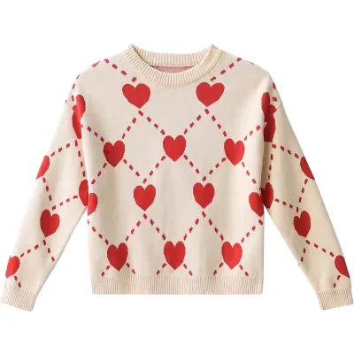 Customizable Cute Winter New Design Love Jacquard 100% Cotton Pullover Girls Sweaters Knitted O-neck Casual Kids