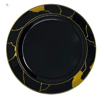 High Quality Disposable Black Marble Plastic Dinner Salad Dessert Plates Gold Accents Custom Logo for Weddings Parties 100-Piece