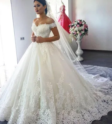 New Fashion Lace Princess Wedding Dress Plus Size Lace up off Shoulder Long Bridal Gown