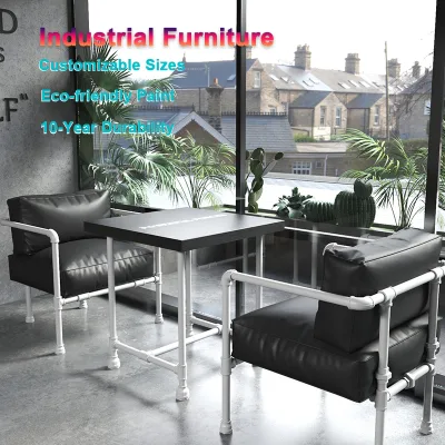 Luxury Vintage Industrial Pipe Metal Frame Custom PU Leather Commercial Furniture Fast Food Table Chairs Sofa Furniture Set