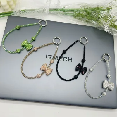 Diamond studded Bow Crystal Phone Lanyard - Handmade Bead Adjustable Keychain, Rhinestone Pendant, Used for Gift Wrapping