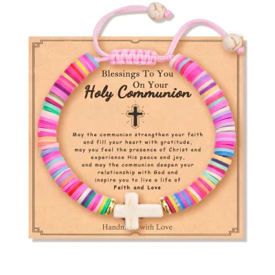 Bohemian Personality Colorful Polymer Clay Stretch Boho Cross Bracelet Women's Summer Beach Jewelry Braided Bracelet