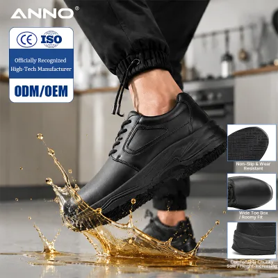 ANNO Professional Chef Shoes Non Slip Kitchen Work Footwear Men Women Waterproof Oil Resistant CE Certified Black Safety