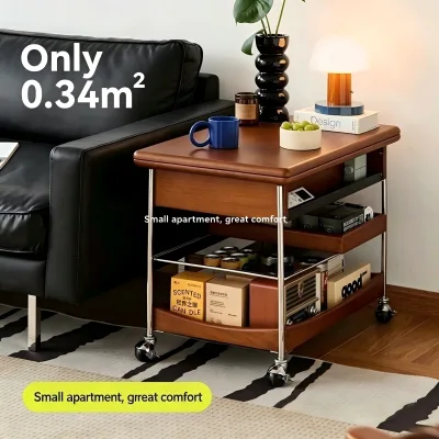Solid Wood Folding Coffee Table Vintage Style Living Room Trolley with Mobile Side Table and Lifting Storage