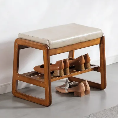 2 Tier Slatted Wood Shoe Bench With Leather Cushioned Seat Curved Frame Entryway Storage Stool for Small Hallway Bedroom Spaces