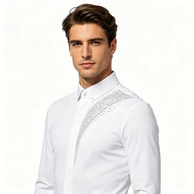 Men's White Crystal Equestrian Riding Moisture-Wicking Show Shirt Rhinestone Cascade Button-Down Collar Long Sleeve Competition