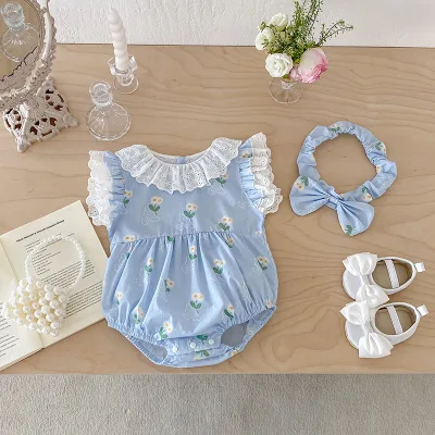 New Eco-Friendly Anti-Wrinkle Cotton Romper for Toddler Girls Summer Stylish Flower Printed Lace Collar Puff Sleeve Sweet