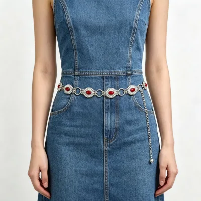 Boho Metal Concho Chain Belt for Women Retro Western Cowgirl Waist Dress Belts Vintage Turquoise Stone Belly Chain Link