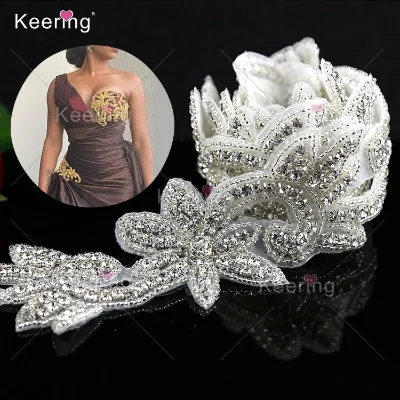 African Online Celebrities Hot Sew on Silver Rose Gold Flower Rhinestone Applique for Clothing Dress WRA-304
