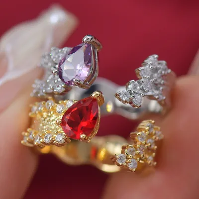 French Retro Design Light Luxury High-End Vintage Ring Starry Water Drop Zircon Adjustable Open Feature Versatile Fashion Rings