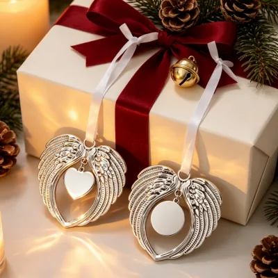 Christmas Angel Gleaming Platinum Plumage Ornate Laser Engraved Festive Noel Personalization Emblem Winged Ornament