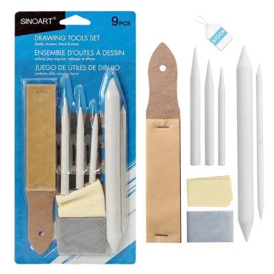 SINOART 9 Pcs Artist Blending Stump and Tortillion Art Blender Set with 1 Pcs Sandpaper Pencil for Student Sketch Drawing