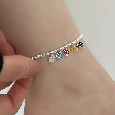 NEW Hot Selling Fashion S925 Sterling Silver Anklet for Women Non Tarnish Anklets Colorful Smiling Face Anklet Jewelry 2022