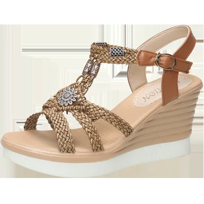 2025 New Summer Ethnic Style Women's Sandals 8cm Inner Height High Heels Breathable Hand-woven Wedge Height Increasing Women's