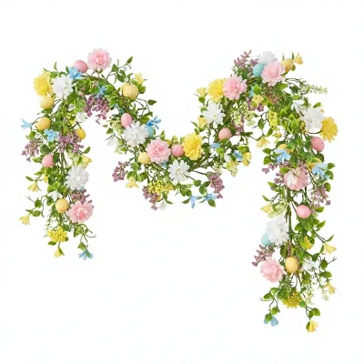 Easter Egg Floral Garland Artificial Faux Flower Green Vine Butterfly Hanging Decoration for Door Mantle Home Party
