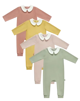 Wholesale Soft Peter Pan Collar Long Sleeves Solid Colors Infant Romper Set Baby Clothes Kids Unisex Organic Cotton Snap Button