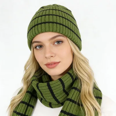 2026 New Design Winter Adult Knitted Hat Scarf Two-Piece Set Green Striped Jacquard Beanie Hat with Warm Windproof Neck Warmer