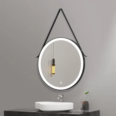 Hot Sale LED Smart Round Lighted Bathroom Mirror  with Leather Belt