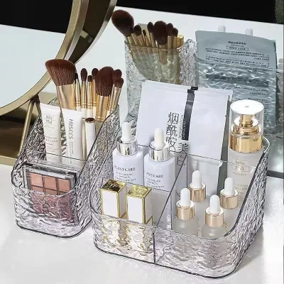 Divided Makeup Organizer Case Transparent Glacier Texture Cosmetic Storage Box Multi Compartment Vanity Lipstick Brush Holder