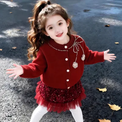 Girls' sweater set, Western style knitted sweater, Spring and Autumn cardigan, sequined short skirt, fashionable two-piece set