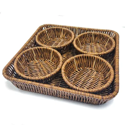 New Handwoven Vintage Square 4 Round Grid Plastic Rattan Picnic Basket Fruit Plate Retail Compartment Storage Baskets