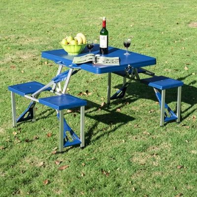 4-Person Plastic Portable Compact Folding Camping Suitcase Picnic Table Set with Umbrella Hole and Simple Setup Blue