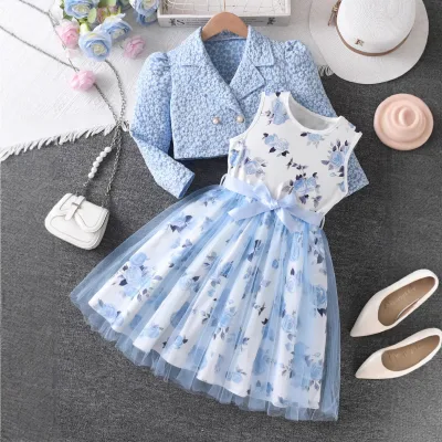 New Arrival Two Piece Set Girls Sky Blue Floral Polyester Jacket Long Sleeves Rose Print Tulle Dress Softening Treatment Sets