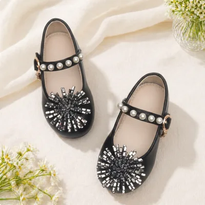 xu girl comfortable New-Princess Shoes Girls Rhinestone Round-Toe Mary Jane Flat Pearl-Buckle Performance Dress Shoes