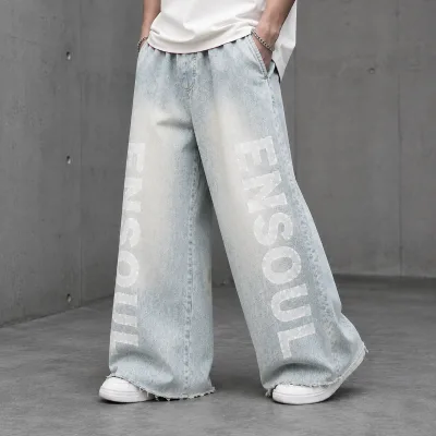Men's Light Wash Wide Leg Denim Pants Frayed Hem Loose Fit Jeans With Letter Print Streetwear Casual Trousers Custom OEM ODM