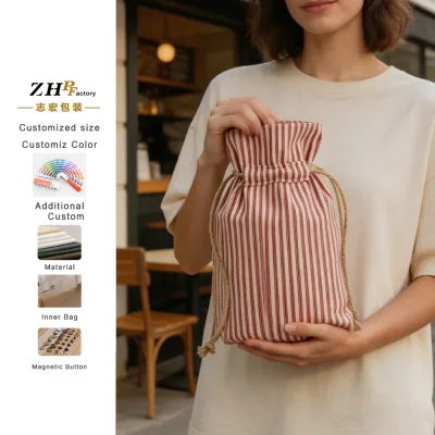 OEM ODM Eco Friendly String Bag Durable Shopping Storages Bag Reusable Striped Cotton Canvas Drawstring Tote Bag With Lining