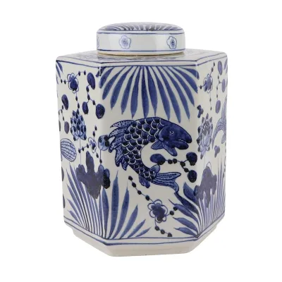 RZMA28-A-B Flower Bird Fish Line and Patterns Hexahedron Shape Jingdezhen Hand Painted Porcelain Lidded Jars