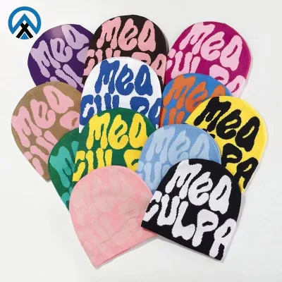Custom Beanie Acrylic Jacquard Knit Hat Joker Hip Hop Fashion Trend Letter Print Plush Style for Daily Party Use