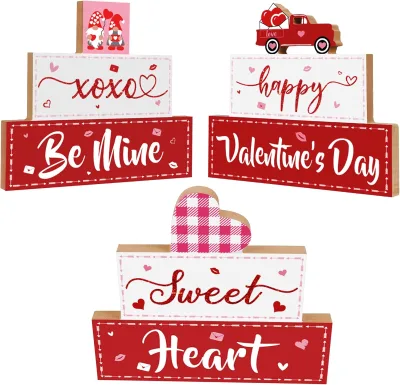 3 PCS Valentine's Day Wooden Sign Table Decor Tabletop Centerpiece XOXO Be Mine Presents Love Heart Desk Mantle Shelf Decoration