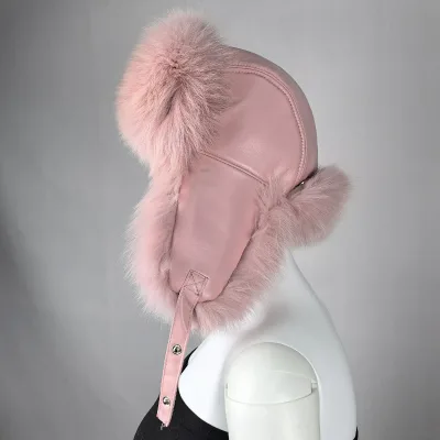 Winter Men Women fox Fur Hat Leather Straw Hat Plush Warm Hat